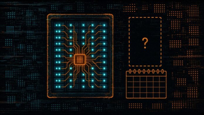Symbol-only illustration of a rack-cabinet outline filled with a grid of cyan chip nodes joined by orange cable lines to one central switch block, beside a dashed ghost rack with an orange question mark and an empty calendar page.