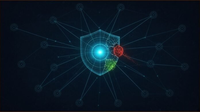 Illustration of a glowing central network node inside a cracked cyan shield, with a red data packet slipping through and a green patch sealing the break
