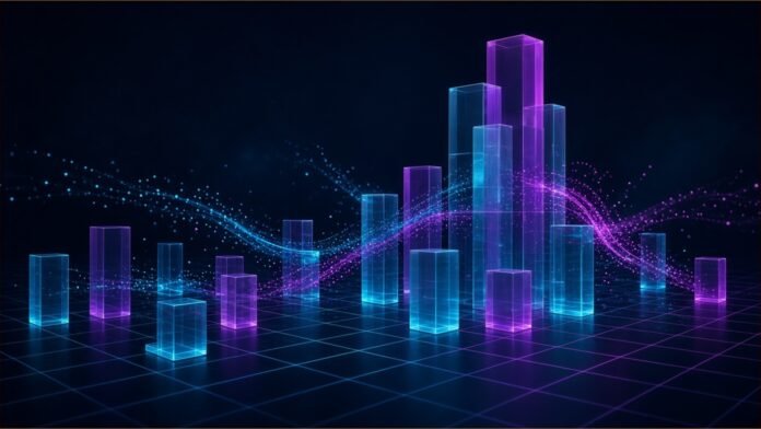 ARK: Tokenised Assets Hit $39bn as Stock Tokens Jump | TSN Illustration of translucent glass bars of varying heights rising from a neon grid, with streams of cyan and magenta particles