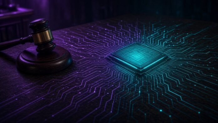 Arm Breached Qualcomm License, Jury Says, but Awards Just $2 Glowing chip on a courtroom table beneath scales of light and two small coins