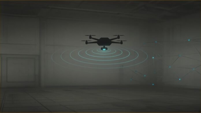 US Army Tests Cyber Payloads on Small Drones | TSN Illustration of a small generic quadcopter hovering in a dim test hangar, with rings of radio pulses spreading from a glowing module beneath it towards network nodes