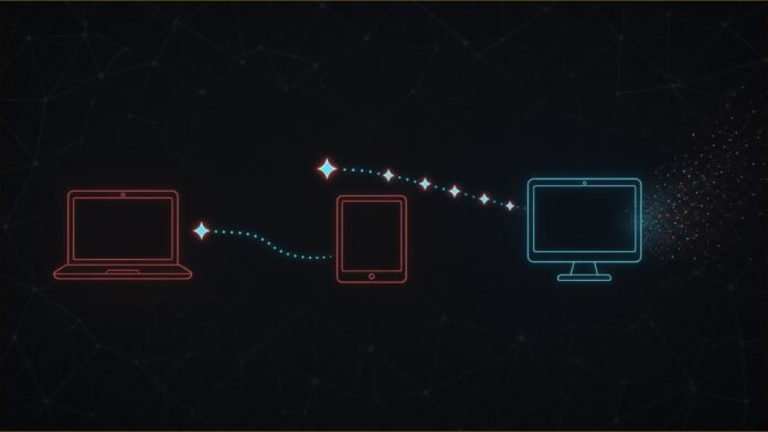 Illustration of a glowing spark hopping between laptop, tablet and monitor outlines and dissolving into particles.
