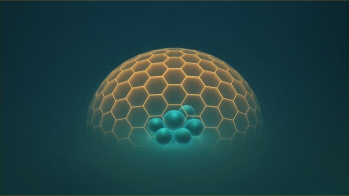 Illustration of Future Interceptor concept in teal and amber: a translucent dome of softly glowing amber hexagonal panels arching over a small cluster of calm teal spheres resting beneath it.