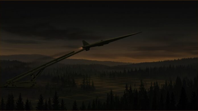 Illustration of a fixed-wing drone launching from a catapult rail over a forested training range.