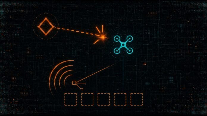 Symbol-only illustration of a quad-rotor drone glyph closing on a diamond target glyph with a burst at the contact point, a radar glyph linked to the drone, a small command node, and five blank dashed squares along the bottom.