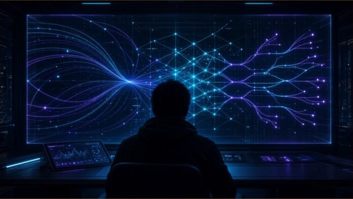 ASI Raises $325m at $3bn Valuation, Led by Spark | TSN Illustration of a silhouetted operator facing a wall display of flight paths, a power-grid lattice and branching forecasts.