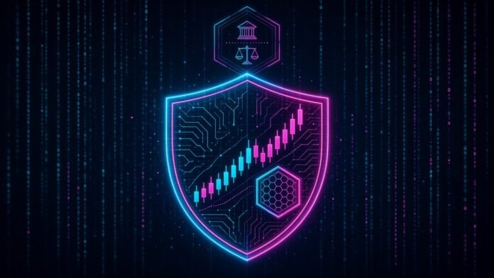 Neon shield protecting a crypto trading chart beneath a regulator seal