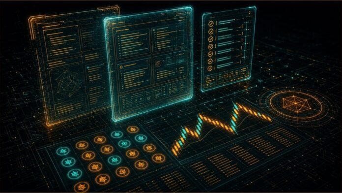 Vault door of hexagonal token shapes behind a translucent grid of glowing rule lines