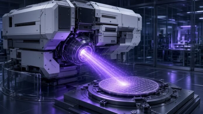 Violet EUV beam through glowing mirrors onto a wafer, a queue of empty wafer outlines beyond