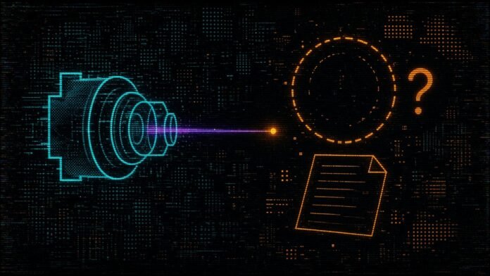 ASML and Zeiss Float Symbol-only illustration of a solid cyan lens-and-mirror stack sending a thin violet beam to a tiny wafer dot, with a larger dashed blueprint ring over a blank page and an orange question mark beside it.