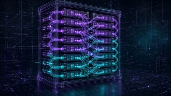 Open server rack with mixed glowing accelerator trays linked by light paths