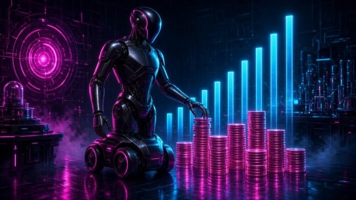 Astribot Raises About RMB 1bn at a RMB 15bn Valuation Humanoid robot silhouette rising above streams of golden capital