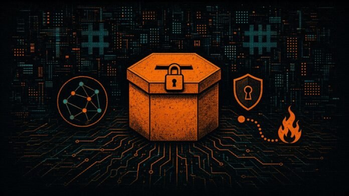 A hexagonal amber ballot box sealed with a padlock beside a ring of linked nodes, a separate shield with a keyhole, and a token path ending at a flame.