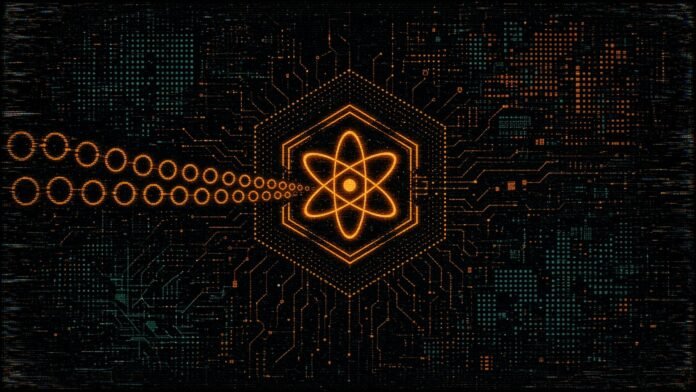 An atom glyph inside a hexagonal frame with a stream of coin rings flowing in from the left.