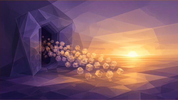 Atria Dawn Open Weights Land on Hugging Face | TSN Illustration of glowing translucent cubes streaming from an open geometric portal toward a sunrise horizon of layered amber and violet planes