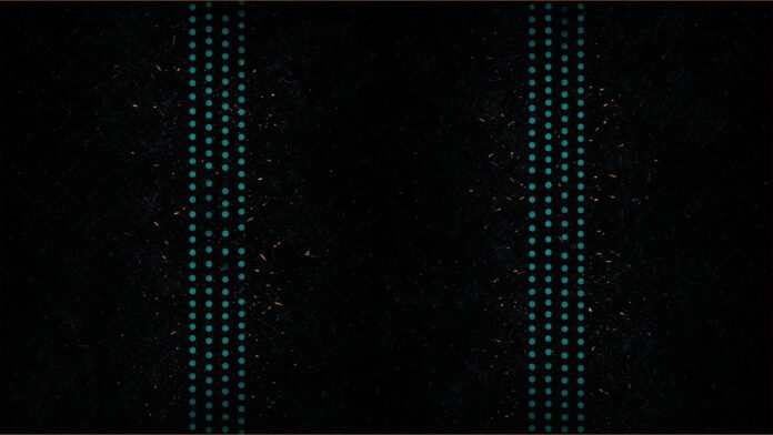Illustration of AT&T and Verizon job cuts concept in teal and amber: two columns of teal light dots with amber sparks drifting from their edges.