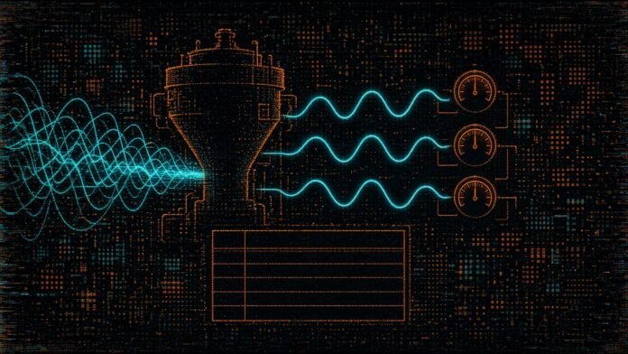 Symbol-only illustration of a tangled waveform entering a refinery funnel on a circuit grid and emerging as three separate waveform lines, each with a small orange dial beside it.