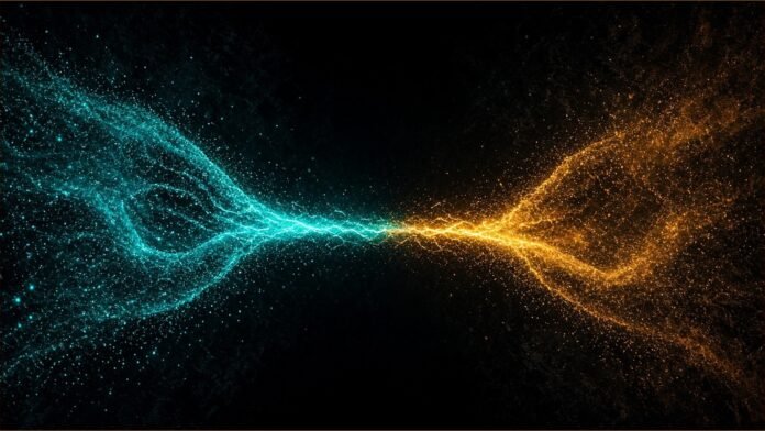AUO Sells Taichung Plant to TSMC for NT$38.8bn | TSN Illustration of a teal particle field joined to an amber particle field by a bright bridge of light.