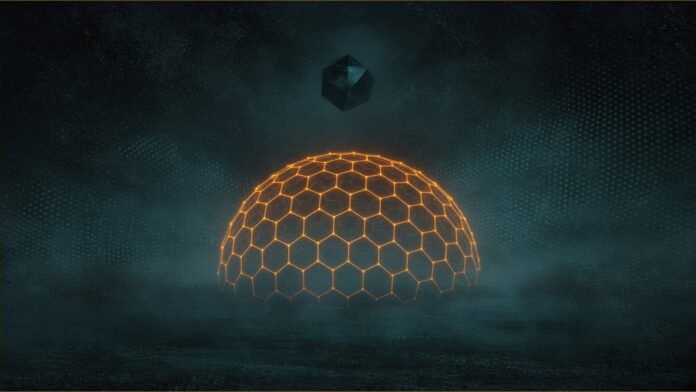 Illustration of a glowing hexagonal shield of light under a small dark geometric shape in the haze