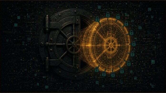 Aviva Puts £50m Into Tokenised Sterling Fund on XRPL | TSN Illustration of a heavy bank vault door standing ajar with a glowing amber wireframe copy of the vault projecting from it, ringed by small teal locks