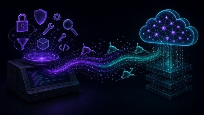 Coding agent orb plugging a glowing skill module into a cloud ML toolkit
