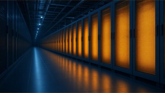 Jassy Says AWS Capacity Is Sold Out for 2026 | TSN Illustration of a long dim data-centre aisle in cool blue light with one row of racks glowing solid amber