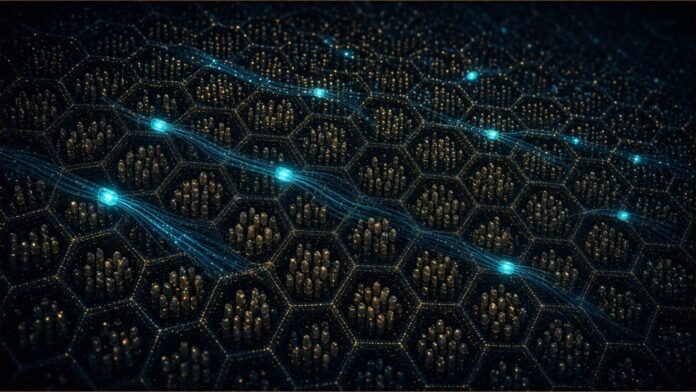 AWS Open-Sources Infinity Runtime for AI Agents | TSN Illustration of thousands of dim capsules packed in a honeycomb rack, with a few lit cyan and linked by data threads