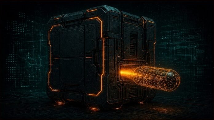 Illustration of a glowing vault cube releasing a lattice-wrapped capsule through a slot in the dark
