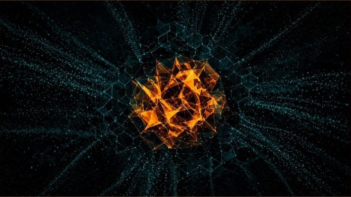 Illustration of a swarm of teal points assembling a hexagonal lattice around a glowing amber crystalline cluster.