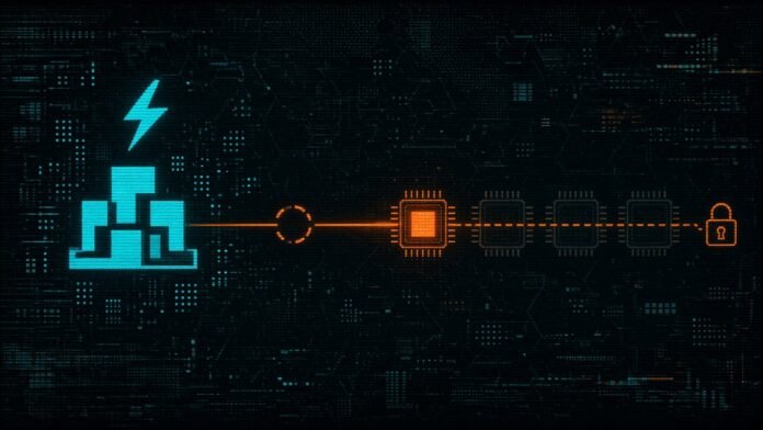 AZIO AI Signs 10 MW Texas Hosting Deal; 50 MW Is Only an Option Symbol-only illustration of a campus block with a lightning bolt wired to a row of five chips, only the first lit, ending at a padlock, with a broken circle on the wire.