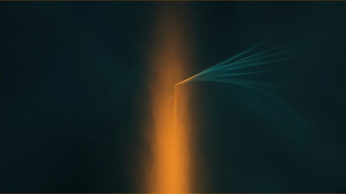 Illustration of b14g exploit concept in teal and amber: a tall column of amber light with a thin bright filament peeling away at a sharp angle and splintering into fading teal streaks.
