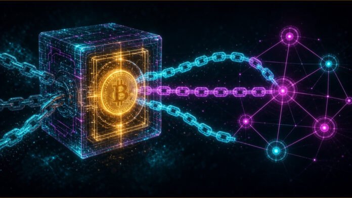 Babylon Proposes Native BTC as Collateral on Aave V4 Glowing orange coin-shaped disc locked inside a transparent circuit-line vault cube linked by a thin unbroken beam