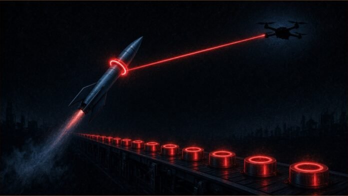 Illustration of a guided rocket linked by a laser beam to a small drone, above a row of glowing rings.