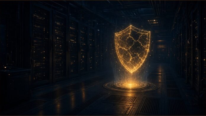 BAE Systems Cyber Incident Halts US Bankruptcy Court Notices A cracked amber security shield hologram glowing in a dark server hall.