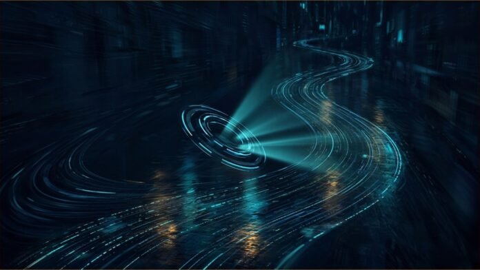 Freenow and Baidu Show RT6 Robotaxi in London | TSN Illustration of a curving night street drawn in light, with a ring of sensor-like beams gliding along it