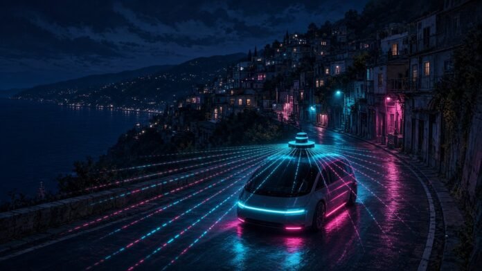 Small car on a glowing loop road between tower blocks by the sea