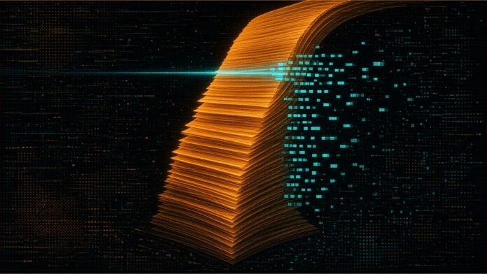 Baidu Releases Unlimited-OCR 2 for Long Documents | TSN Illustration of a tall curving stack of blank amber pages with a teal scanning beam crossing a band near the top and teal blocks lifting off into rows
