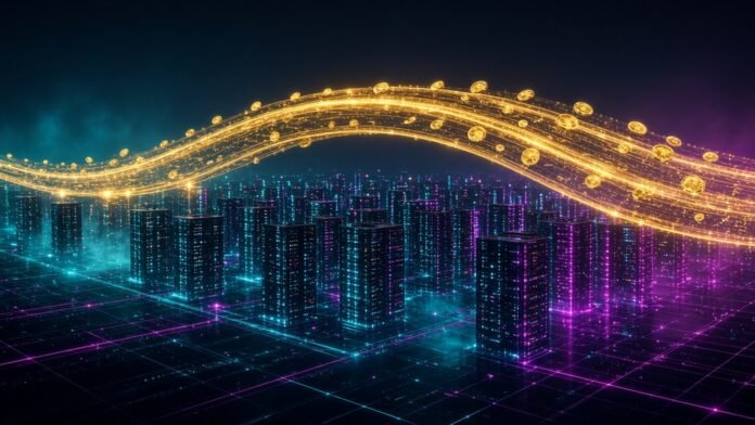 Symbol-only illustration of glowing server towers on a neon grid beneath a golden ribbon of light carrying coins and data across the sky.