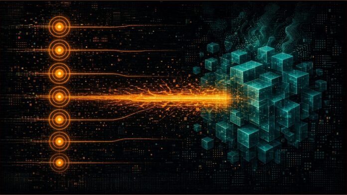 Illustration of a column of glowing amber rings sending energy lines that merge into one bright current flowing into a cluster of teal cubes.