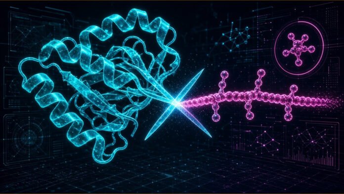 Baker Lab Uses AI to Design Enzymes That Cut Proteins Glowing ribbon-like protein with a small scissor-shaped active site snipping a chain of linked beads