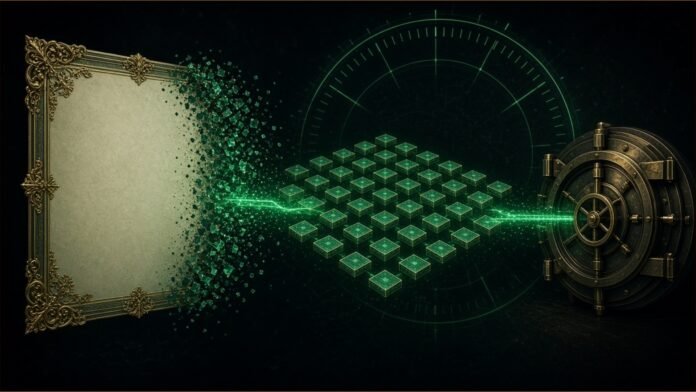 Illustration of a certificate dissolving into glowing ledger blocks linked to a vault door