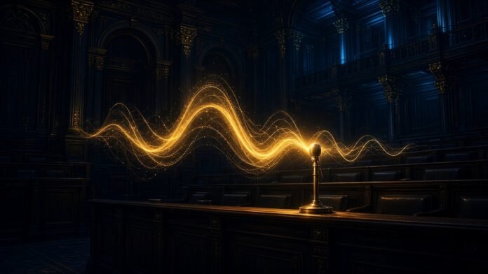 Golden soundwave rising from a microphone through a lattice of circuit nodes