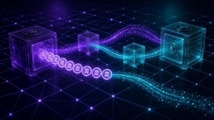 Stablecoin tokens flowing between glowing earn and borrow vaults on a blue chain
