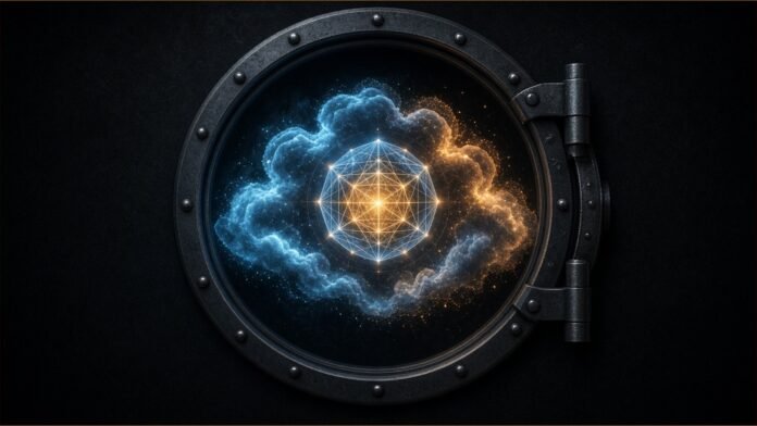 Bedrock Adds Grok 4.7 in AWS GovCloud (US) | TSN Illustration of a glowing cloud with a geometric core inside a round vault door.