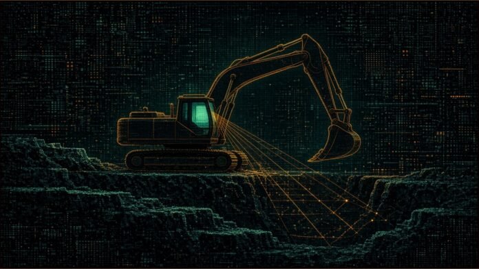 Bedrock Robotics Raises $600m at $4.1bn Valuation | TSN Illustration of a generic excavator outlined in amber over a stepped trench, its empty cab glowing teal and sensor lines fanning across the ground