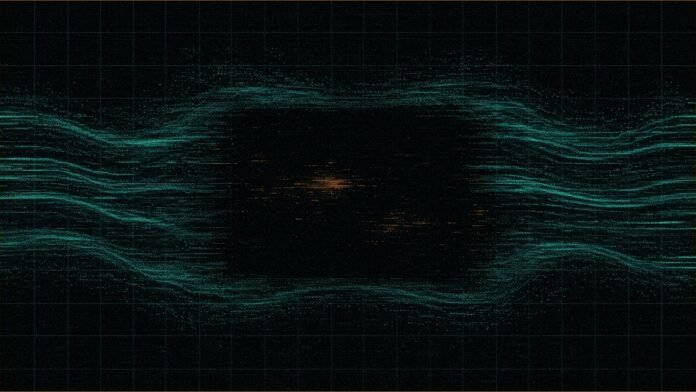Illustration of flowing teal light lines with a dark gap in the middle where faint amber pulses flicker.