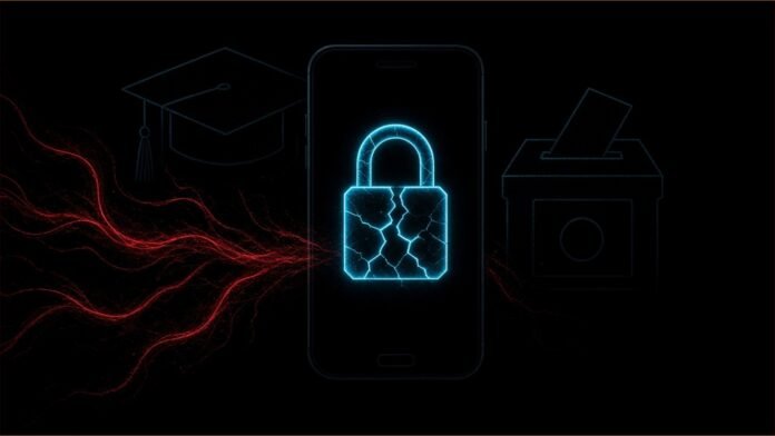 Belgrade Rector Hacked With Pegasus, Citizen Lab Says | TSN Illustration of a phone with a cracked padlock, red tendrils, a graduation cap and a ballot box.