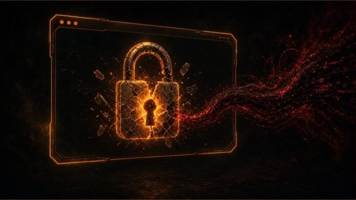 A glowing remote-access gateway with a cracked seal being patched in a dark network grid.