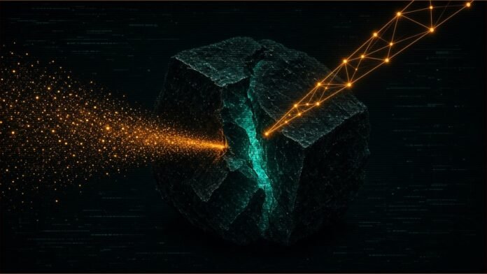 Illustration of a particle swarm and a single beam of amber light converging on a cracked crystalline block