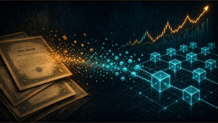 Illustration: equity ticker bars tokenizing into on-chain chips crossing a $1bn threshold ribbon; gold and navy.